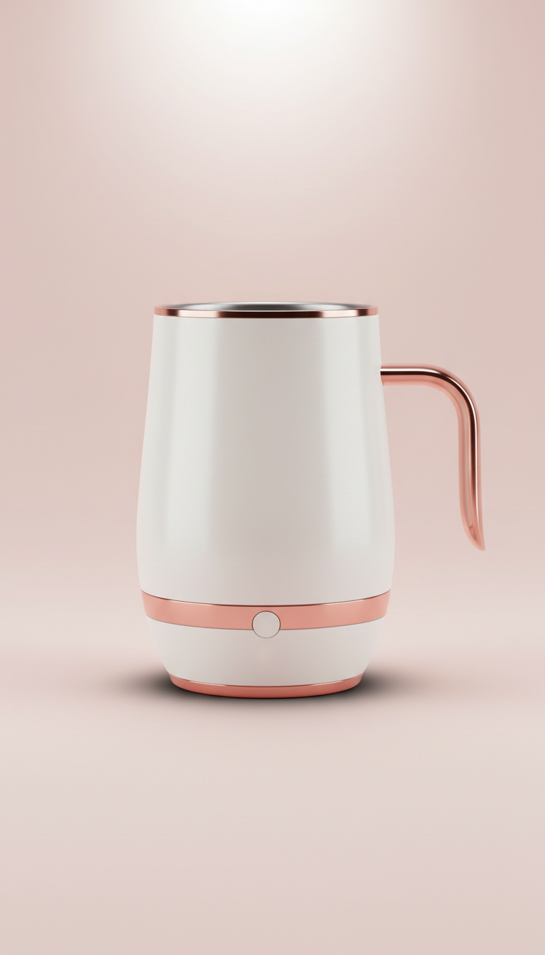 Self-stirring cup with rose-gold accent